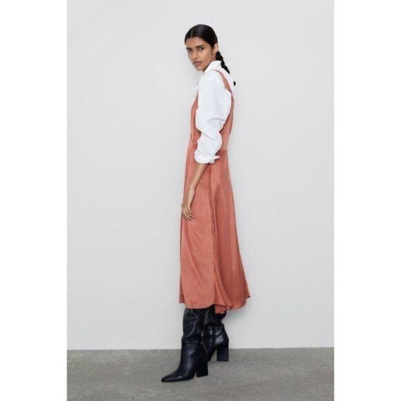 Zara Dusty Pink Satin Plunge V-Neck A-Line Dress Wide Straps Rounded Back - Picture 4 of 8